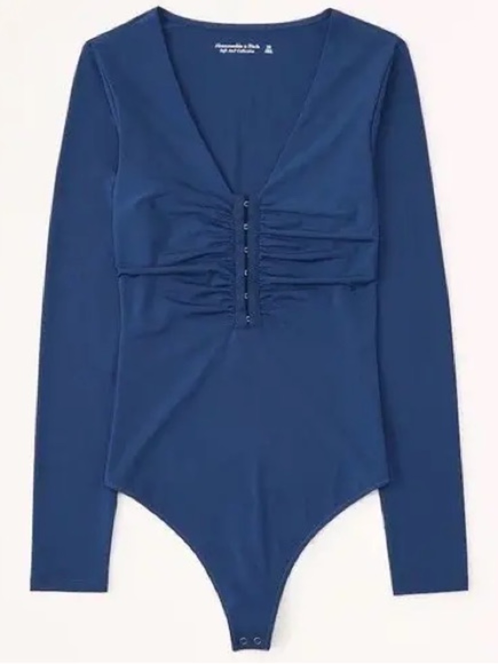 Abercrombie & Fitch Navy Long-Sleeve Ruched slinky hook & eye V-Neck Bodysuit